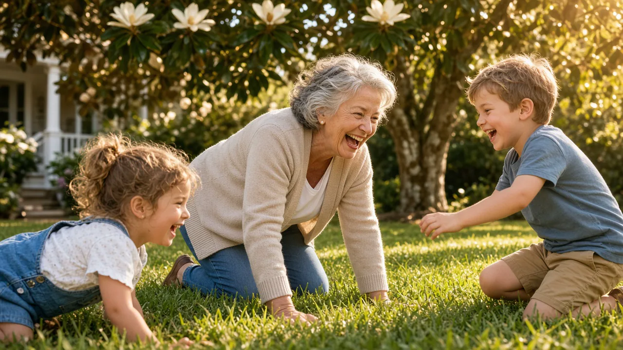 An older adult spending a sunny afternoon outdoors with young grandchildren